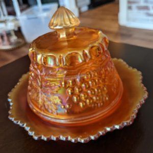 Antique Northwoods "Pumpkin Marigold" Carnival Glass Covered Butter Dish